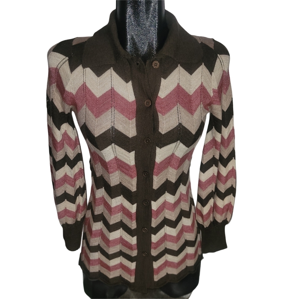 BCBGMaxazria Brown and Pink Wool Blend Chevron Cardigan Sweater Size XS